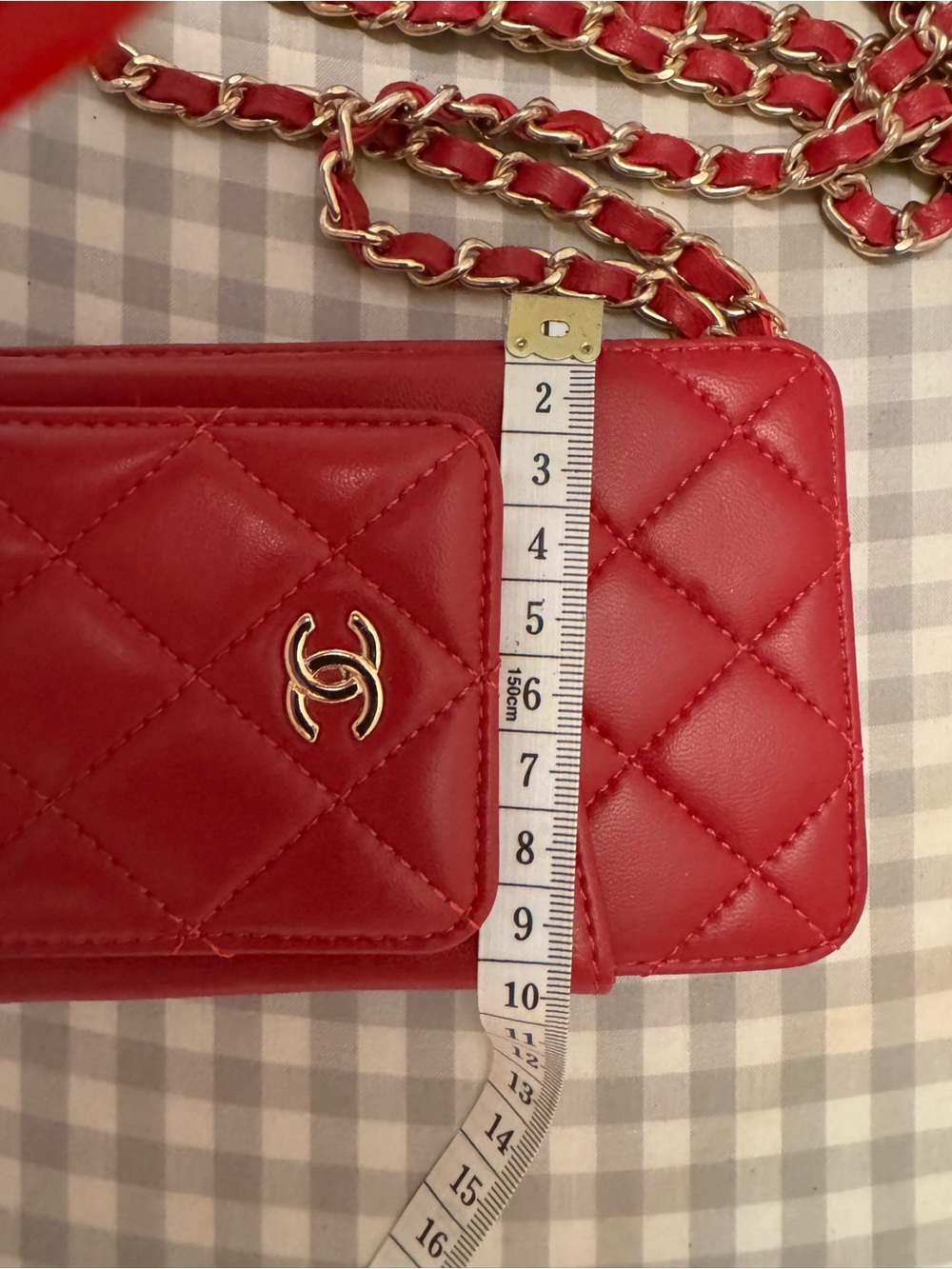 Quilted Red Leather Chain Crossbody Phone Pouch with Gold CC - Picture 8 of 8